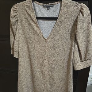 Adrianna Papell Cream and Black Dot V-Neck Button Front Blouse